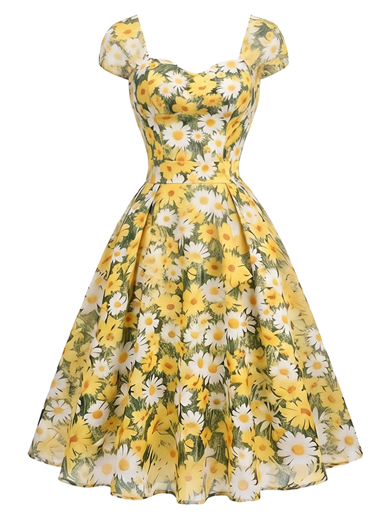 Gelbes 50er Swingkleid mit Herzausschnitt und Blumen