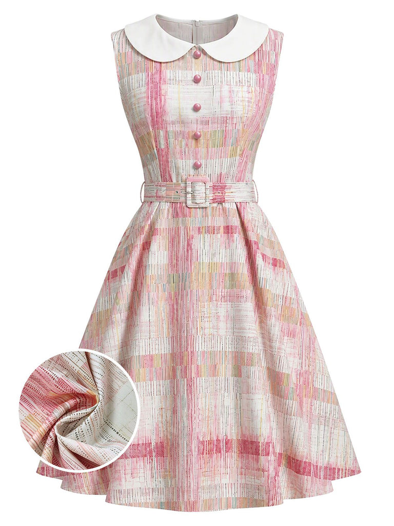 Rosa 50er Ärmelloses Kleid mit Peter-Pan-Kragen und Karo