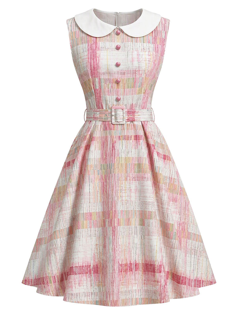 Rosa 50er Ärmelloses Kleid mit Peter-Pan-Kragen und Karo