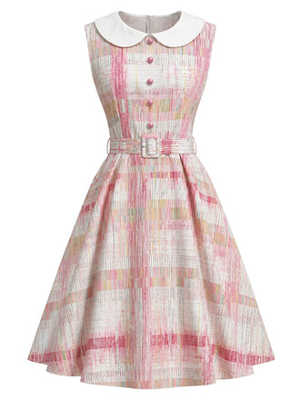 Rosa 50er Ärmelloses Kleid mit Peter-Pan-Kragen und Karo
