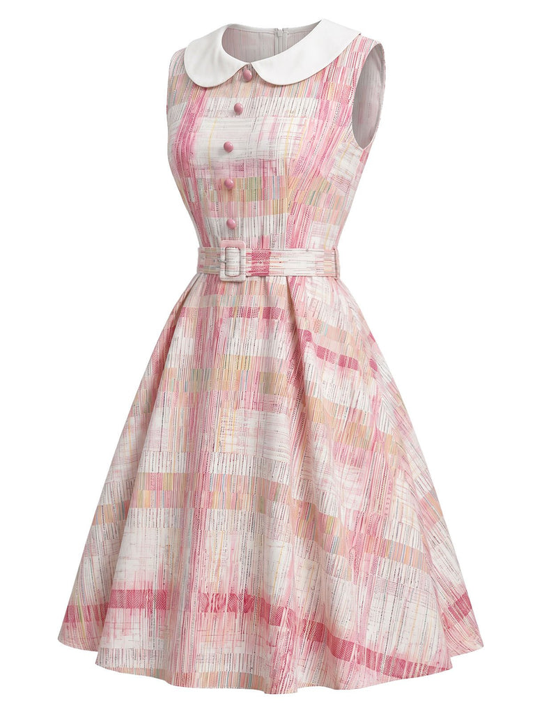 Rosa 50er Ärmelloses Kleid mit Peter-Pan-Kragen und Karo