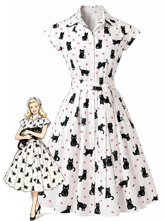 50er Hemdblusenkleid mit Katzen und Punkten