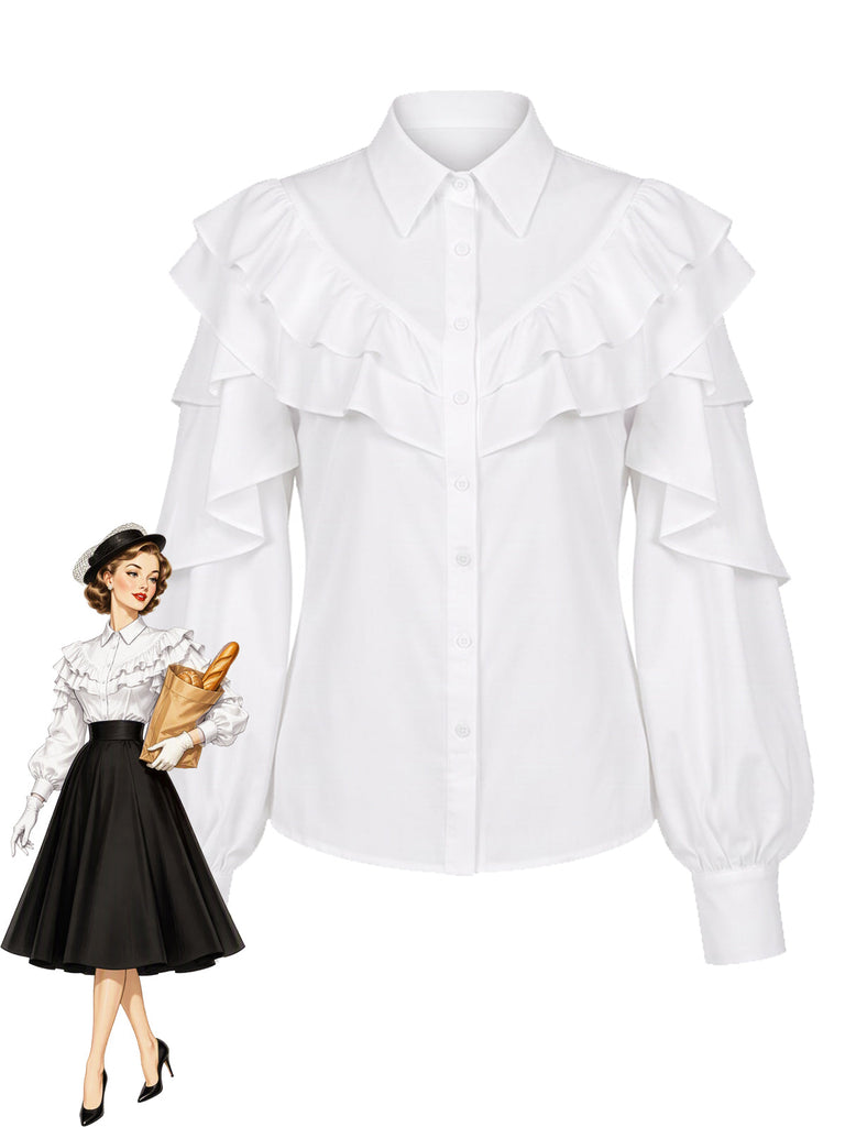 Weiße 50er Bluse mit Rüschen und Laternenärmeln