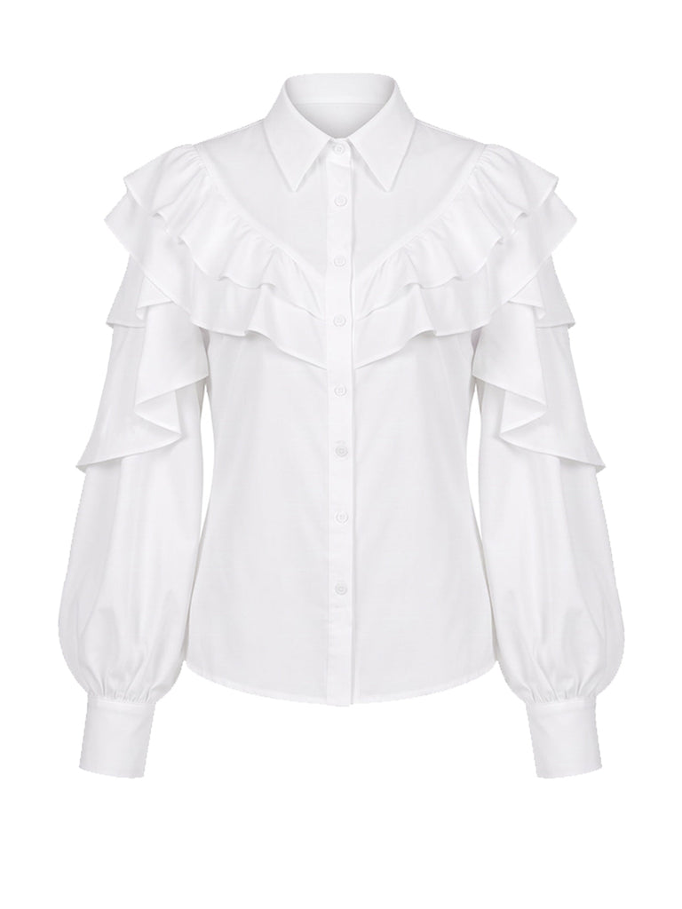 Weiße 50er Bluse mit Rüschen und Laternenärmeln