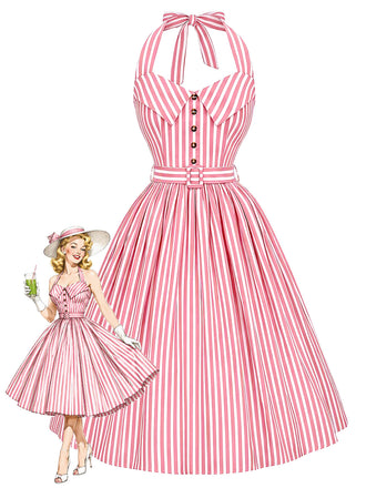 Rosa 50er Swingkleid mit Neckholder und Streifen