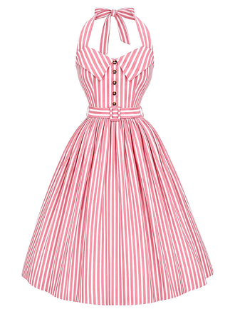 Rosa 50er Swingkleid mit Neckholder und Streifen