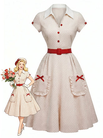 50er Polka-Dot Kleid mit Revers-V-Ausschnitt und Taschen