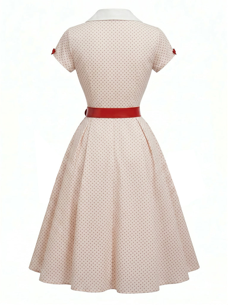 50er Polka-Dot Kleid mit Revers-V-Ausschnitt und Taschen