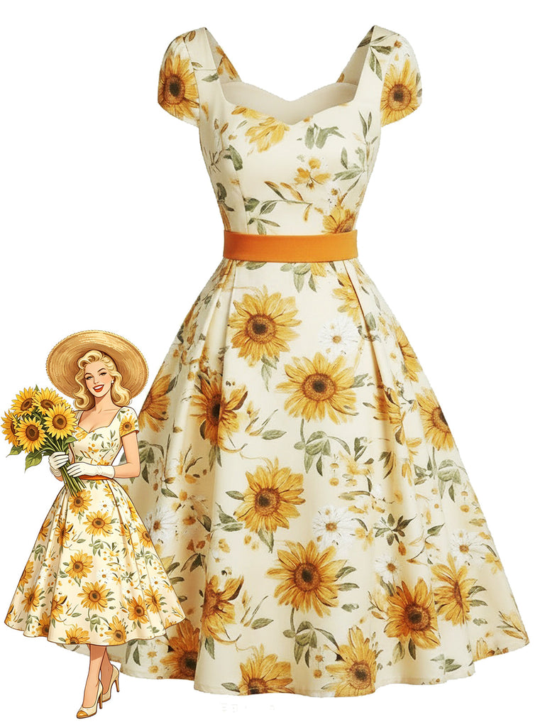 Orange 50er Kleid mit Sonnenblumen und Herzausschnitt