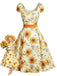 Orange 50er Kleid mit Sonnenblumen und Herzausschnitt