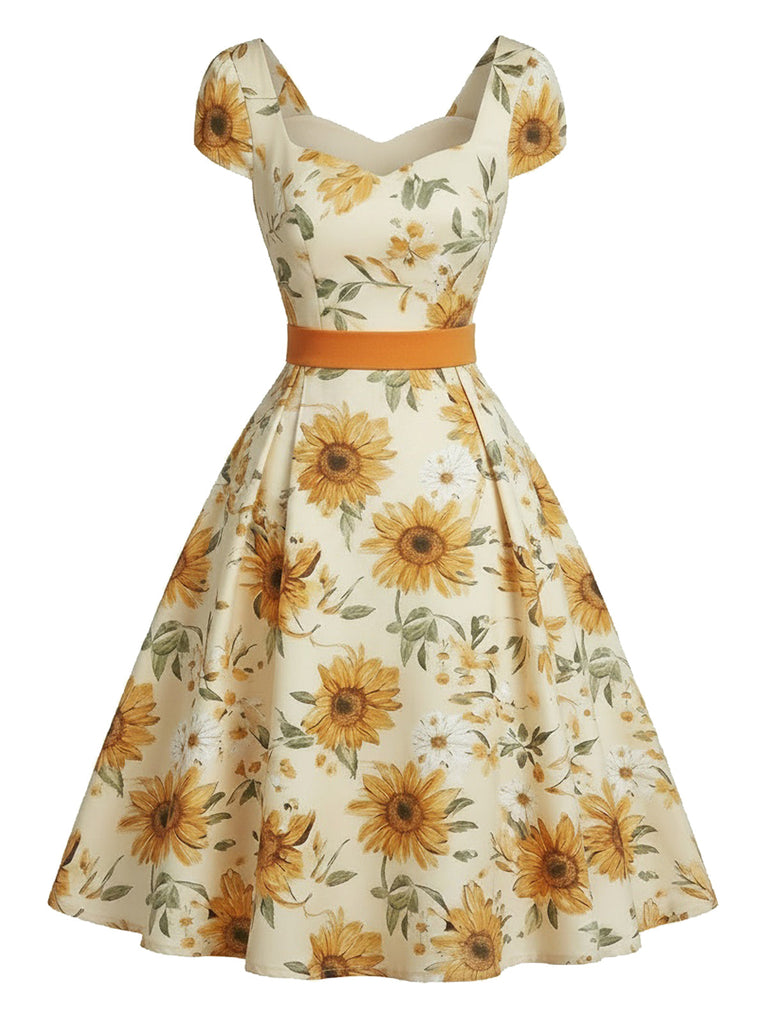 Orange 50er Kleid mit Sonnenblumen und Herzausschnitt