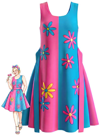[Übergröße] 60er Kleid mit Gänseblümchen und Farbblock
