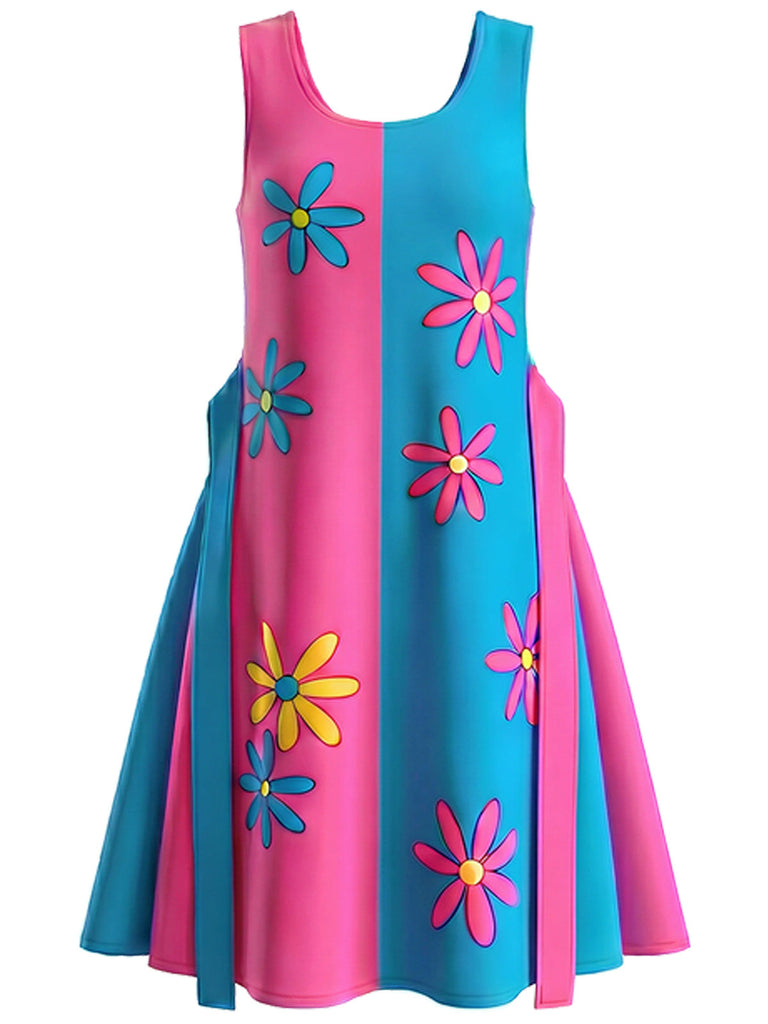 [Übergröße] 60er Kleid mit Gänseblümchen und Farbblock