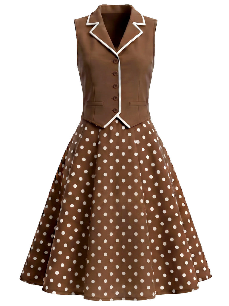 Braunes 50er Kleid mit Polka-Dots und V-Ausschnitt