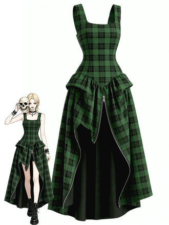 Grünes 60er Gothic Midikleid mit Karo