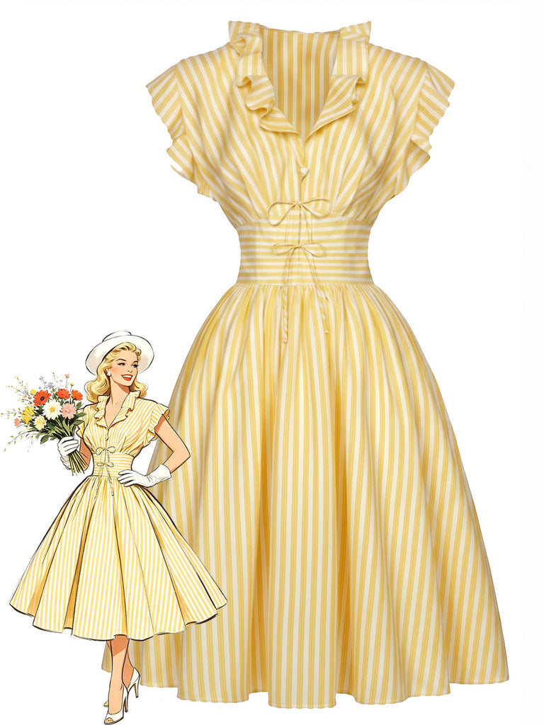 Hellgelbes 50er Kleid mit Rüschen und Taillenbinde