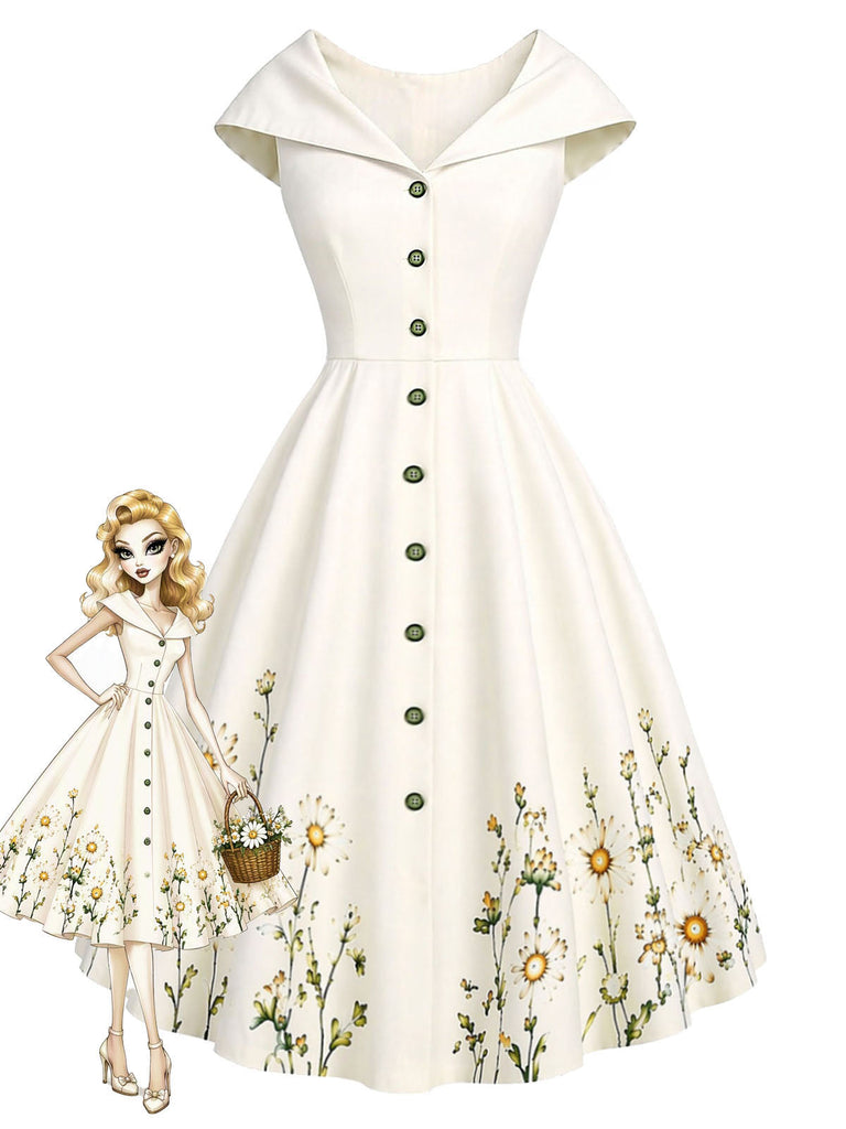Khaki 50er Sailor Kleid mit Blumen und Knöpfe
