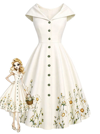 Khaki 50er Sailor Kleid mit Blumen und Knöpfe