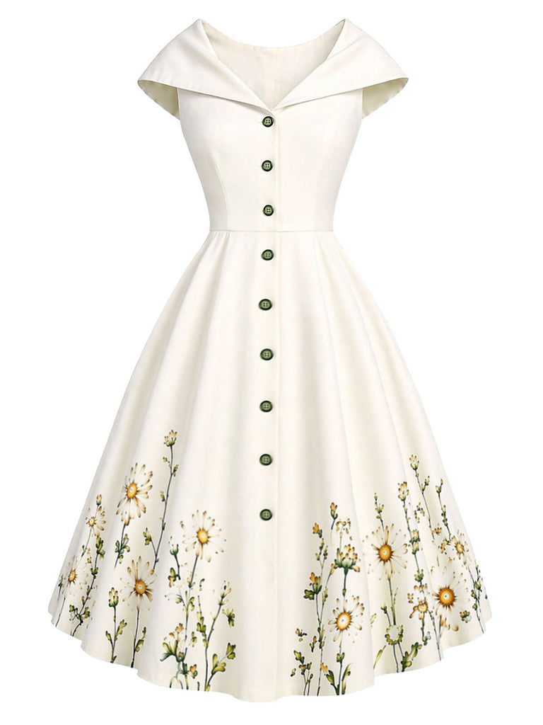 Khaki 50er Sailor Kleid mit Blumen und Knöpfe