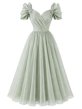 [Vorverkauf] Salbeigrünes 50er Chiffonkleid mit Herzausschnitt und Schleifenärmeln