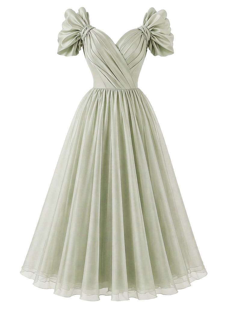 Grünes 50er Chiffon-Kleid mit Herzausschnitt und Schleife