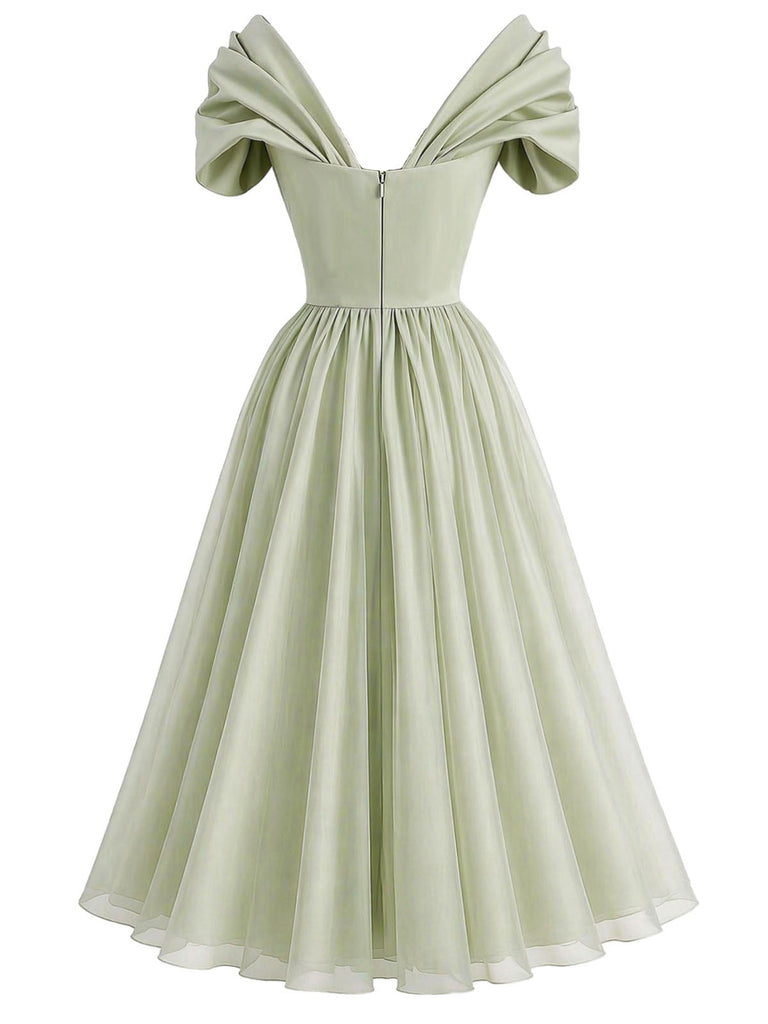 Grünes 50er Chiffon-Kleid mit Herzausschnitt und Schleife