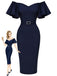 Marineblaues 60er schulterfreies Bleistiftkleid mit Rüschenärmeln