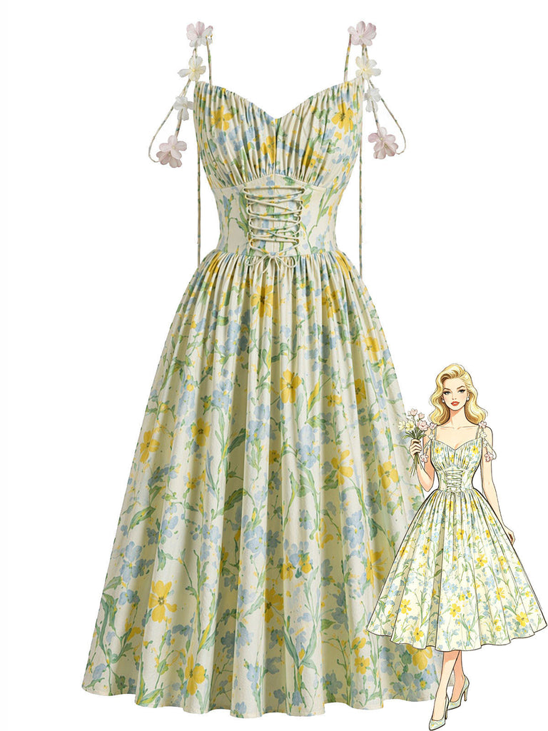 50er Baumwoll-Swingkleid mit Blumen und Schnürung