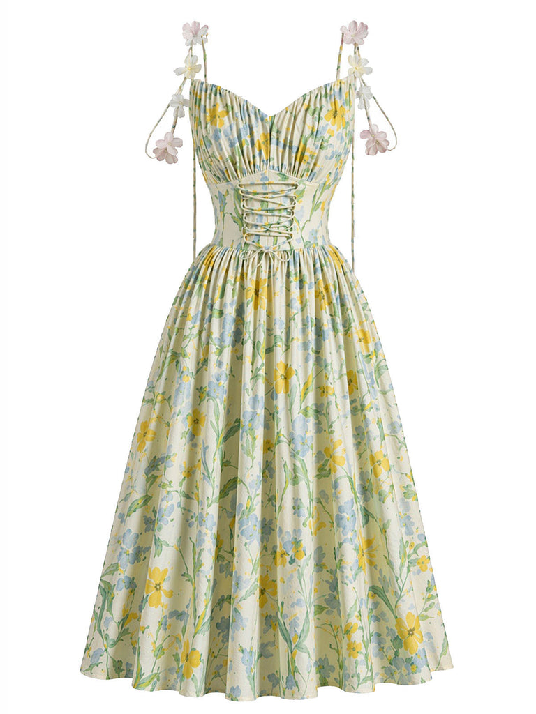50er Baumwoll-Swingkleid mit Blumen und Schnürung