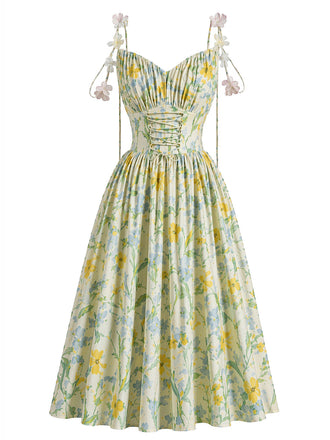 50er Baumwoll-Swingkleid mit Blumen und Schnürung