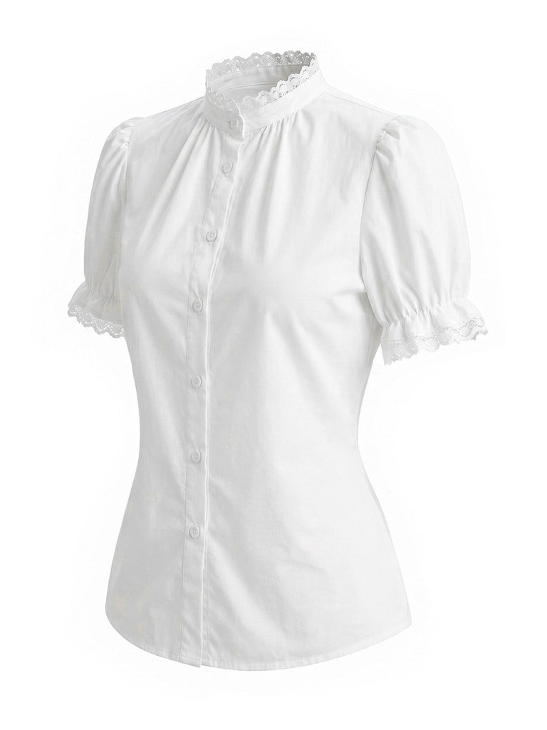 Weiße 50er Bluse mit Patchwork und Puffärmel