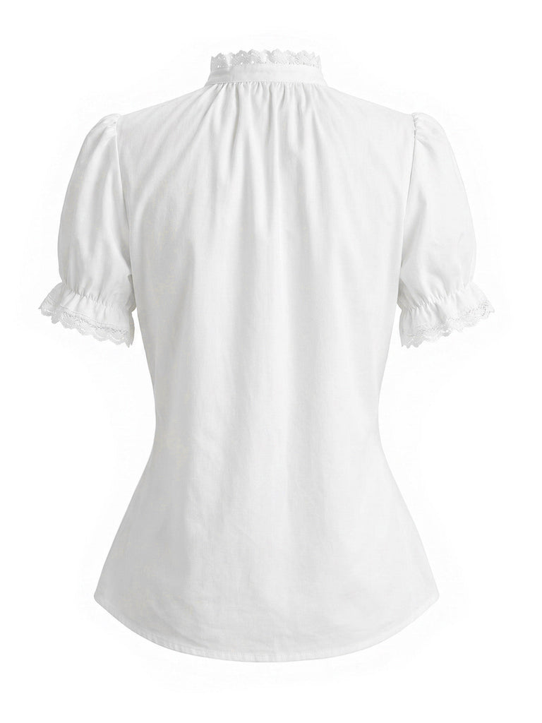Weiße 50er Bluse mit Patchwork und Puffärmel