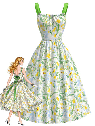 Grünes 50er Kleid mit Blumen und Schleife
