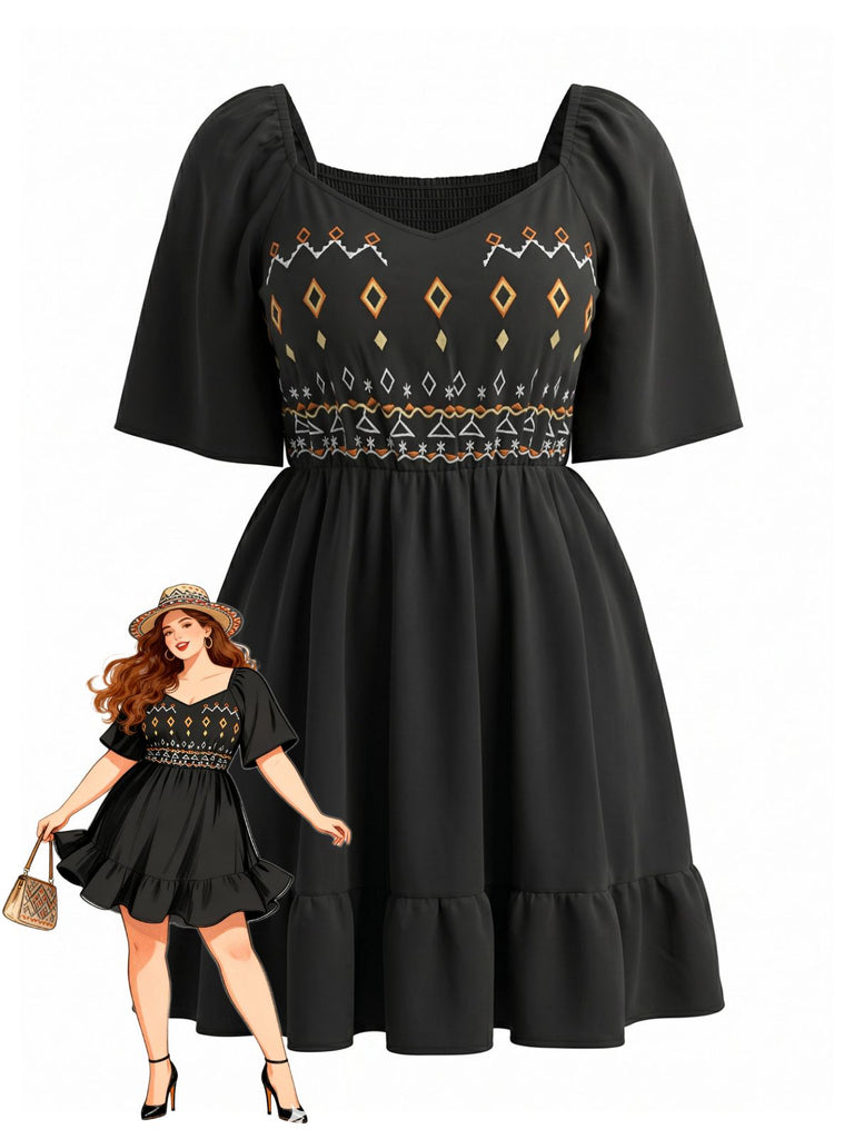 [Übergröße] Schwarzes 60er Minikleid mit Puffärmel und Stickerei