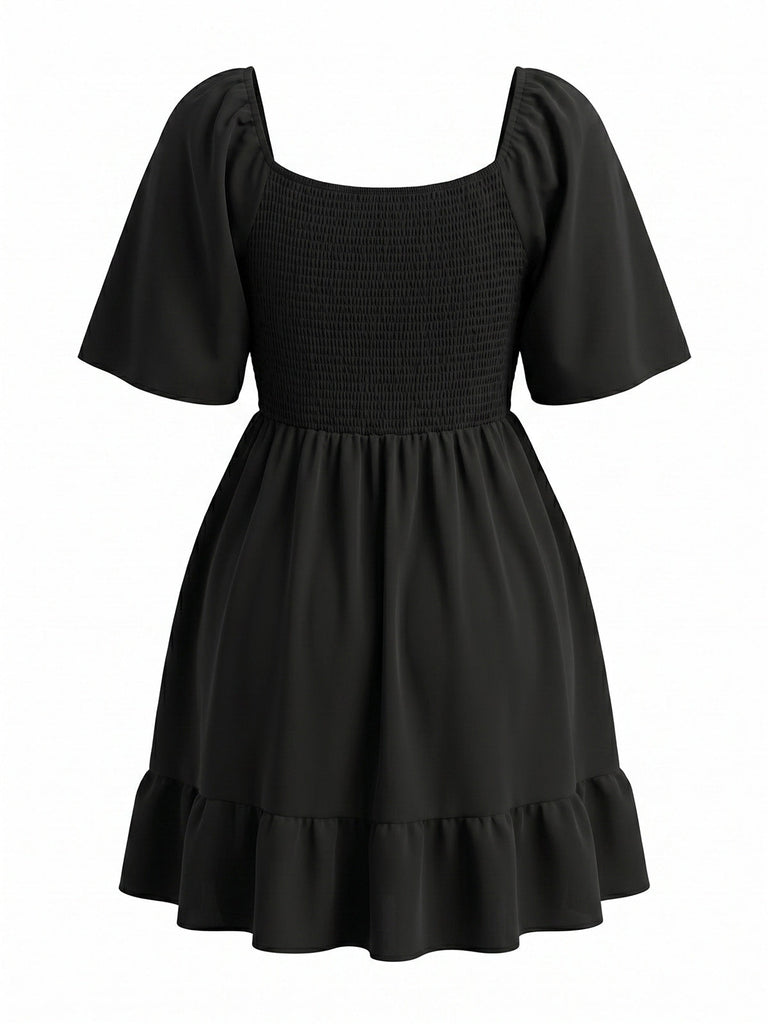 [Übergröße] Schwarzes 60er Minikleid mit Puffärmel und Stickerei