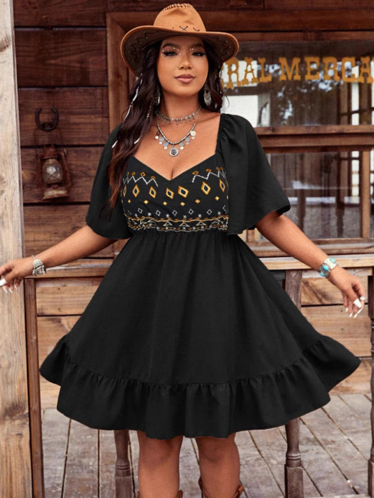 [Übergröße] Schwarzes 60er Minikleid mit Puffärmel und Stickerei