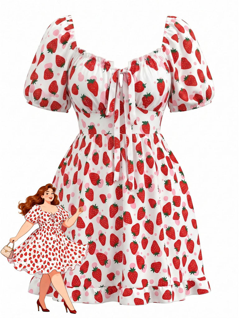 [Übergröße] 50er Kleid mit Puffärmel und Erdbeere