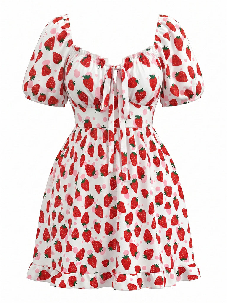 [Übergröße] 50er Kleid mit Puffärmel und Erdbeere