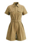 Khaki 50er Romper mit Reverskragen und Umschlagärmeln