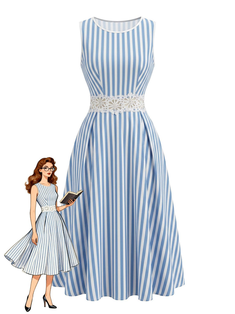 Weißes & Blaues 50er Ärmelloses Kleid mit Cut-out und Spitze