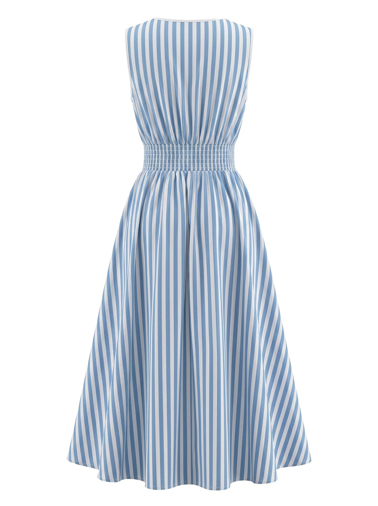 Weißes & Blaues 50er Ärmelloses Kleid mit Cut-out und Spitze