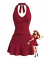 Rotes 60er Neckholder-Top & Minirock Set mit Polka-Dots