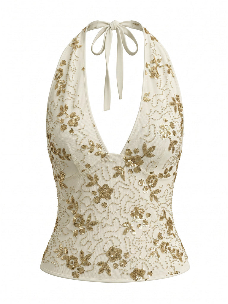 Beige 60er Top mit Neckholder und Pailletten