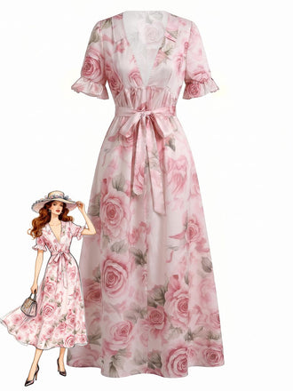 Rosa & Rosa 30er Midikleid mit V-Ausschnitt und Rüschen