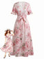 Rosa 30er Midikleid mit Rosen-Print und Rüschenärmeln