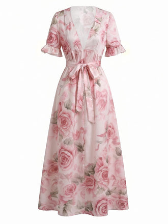 Rosa & Rosa 30er Midikleid mit V-Ausschnitt und Rüschen