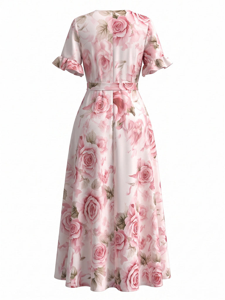 Rosa & Rosa 30er Midikleid mit V-Ausschnitt und Rüschen
