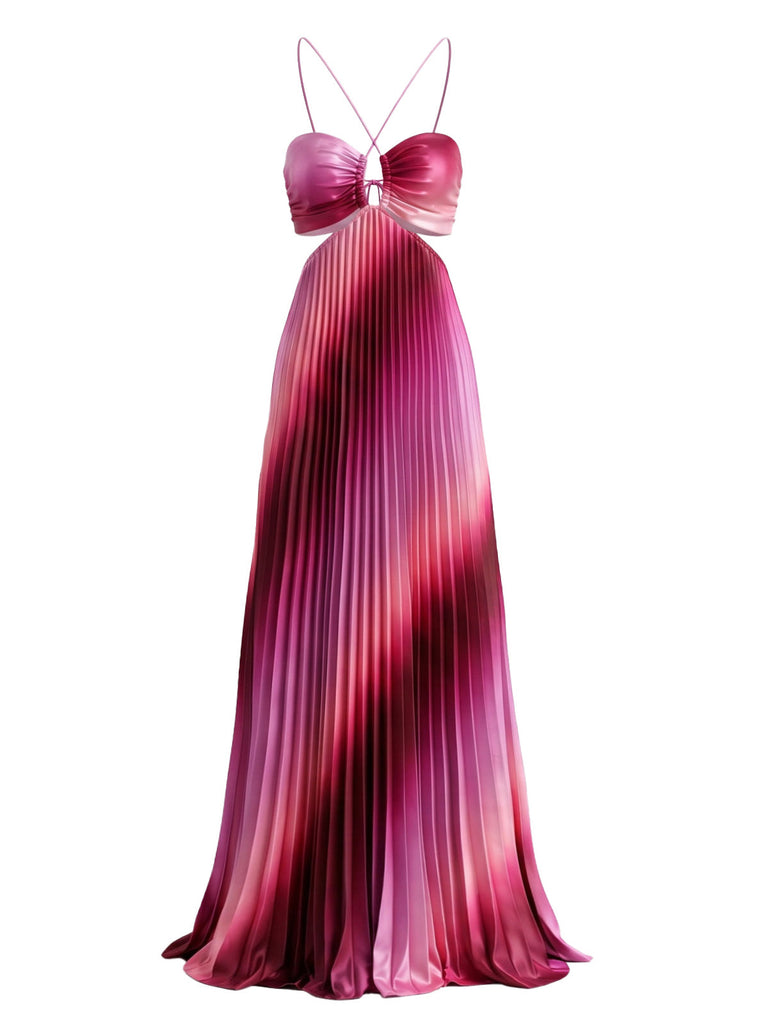 Rosa 80er Boho Plisséekleid mit Neckholder und Ombre