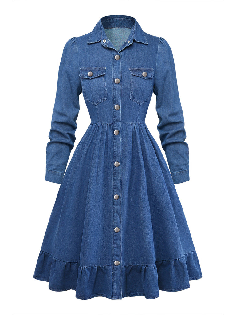 Blaues 50er Jeans-Shirtkleid mit Reverskragen und Knopf