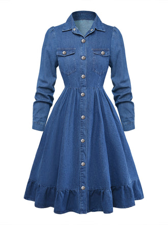 Blaues 50er Jeans-Shirtkleid mit Reverskragen und Knopf